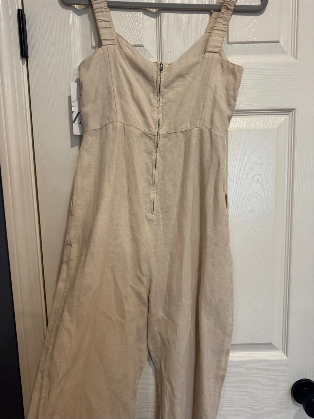 Zara Beige Tie-Front Linen-Blend Jumpsuit